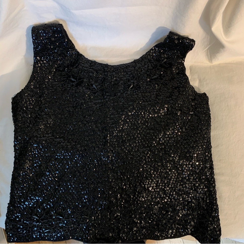 Vintage Elegant Black Wool Sequin Women's Top